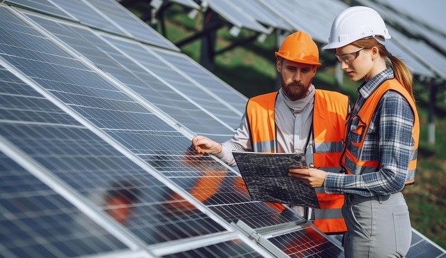 Bild mit einem Mann und einer Frau die einen Plan vor einer Freiflächen PV-Anlage lesen.