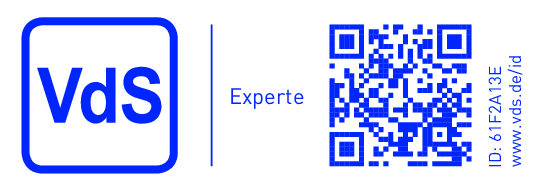 VdS Logo mit der Angabe der ID Nummer und einem link zur Seite der VdS auf der der PV-Anlagen Sachverständige Christian Stracke gelistet ist.